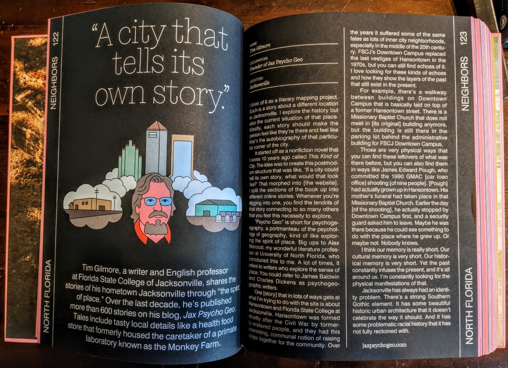 September 2022 JaxPsychoGeo.com is featured in the new book Florida! A Hyper-local Guide to the Flora, Fauna, and Fantasy of the Most Far-out State in America, published by A24 films. https://shop.a24films.com/